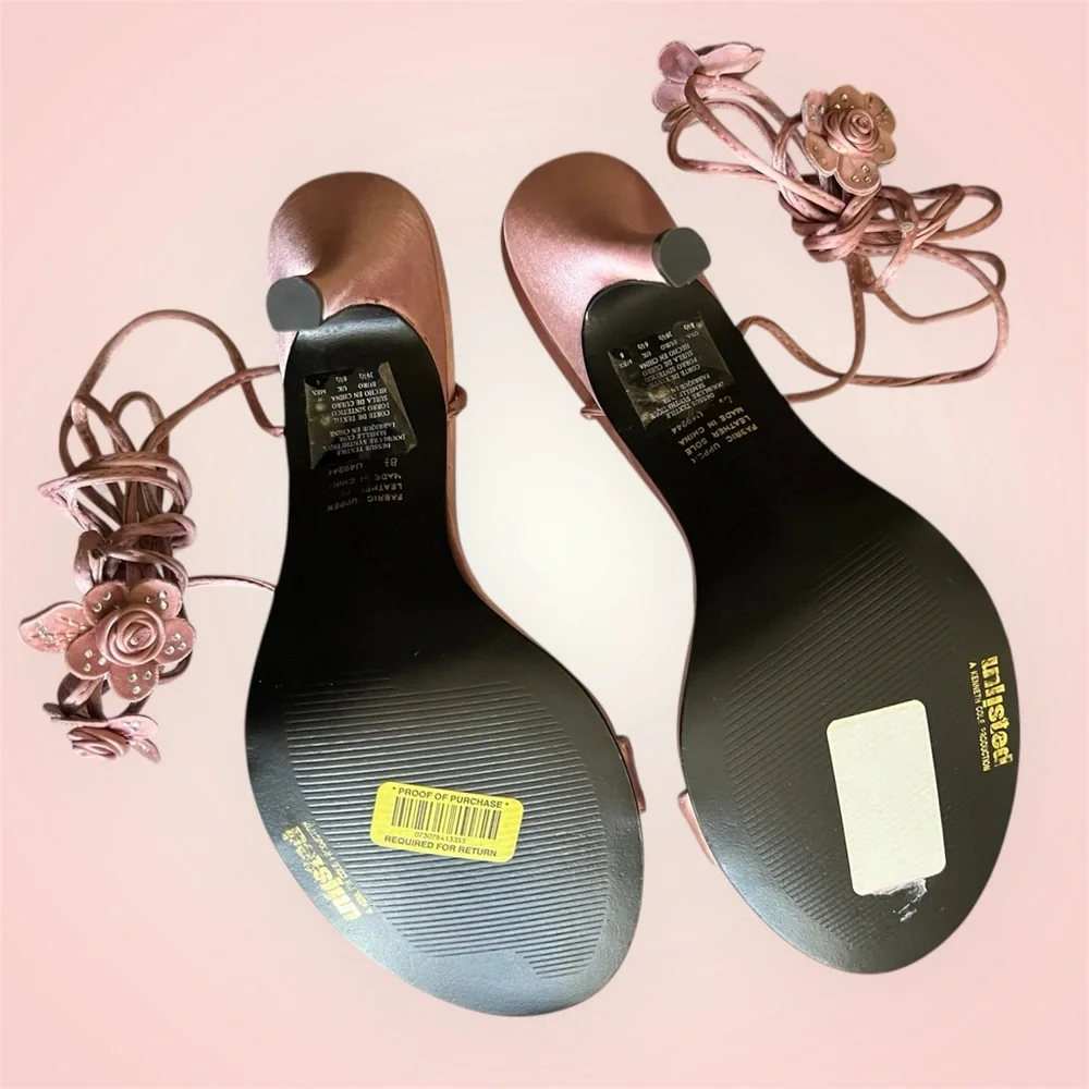 Unlisted Pink Rose Appliqué Strappy Heels - Picture 7 of 11